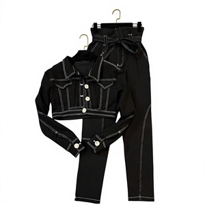 Combinaison en jean stretch taille haute mi-mollet pour femme, style vintage, couleur unie, écologique, avec dentelle, manches longues, été - Product Image 5