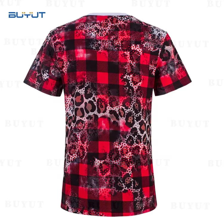 BUYUT Unisex Plaid Pattern Red Tie Dye Bleach Print Pattern T-Shirt Sublimation Blank Faux Bleached Polyester Tshirts