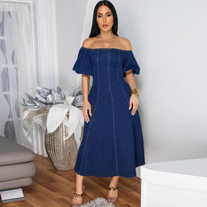 chinese dress ladies JJ-GOGO Women Off Shoulder Long Sleeve Denim Buttoned Dress (S, Blue) at  Amazon Women's Clothing store main image 1