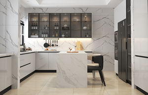 Armoires de cuisine en marbre en forme de L modernes SANTOPOVA avec appareils intégrés et rangement avec porte en verre - Product Image 3