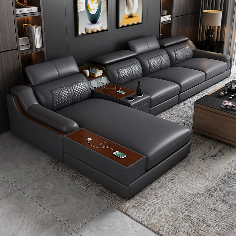 Set kursi mewah furnitur ruang tamu Sofa kulit bentuk L Set Sofa bersekat kombinasi Italia ringan kustom mewah