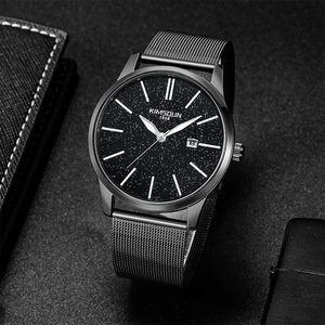 Reloj mecánico para hombre, reloj de pulsera para hombre, esfera negra con brillo fino y estrellas, ventana de fecha única, correa de malla ultrafina, minimalista - Product Image 1
