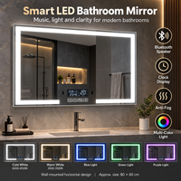 Cermin Kamar Mandi LED Pintar dengan Speaker Bluetooth, Jam Digital, Tampilan Suhu, Anti-Kabut, dan Pencahayaan Multiwarna