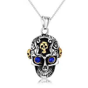 2024 Stainless Steel Jewelry Scary Blue Crystal Head Halloween Pendant Men Skull Necklace