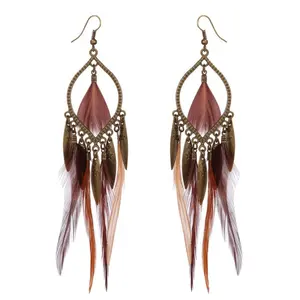 Wholesale Hot Sale Bohemian Colorful Feather Jewelry Long Chain Peacock Feacher Shaped Dangling Drops Fishhook Earrings Women