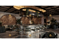 Konsep Interior Bar Industrial, Desain Counter Bar Komersial Metalik, Sofa Kulit Vintage untuk Lounge, Desain Bar Klasik
