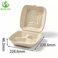 Boîte à clapet SUMKOKA 9 pouces à 3 compartiments en pulpe de canne à sucre couleur naturelle, emballage alimentaire en bagasse, boîte à emporter
