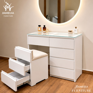 Coiffeuse blanche laquée à <span class=keywords><strong>8</strong></span> <span class=keywords><strong>tiroirs</strong></span> pour maquillage avec tabouret dissimulé intégré, plateau en verre, mobilier de chambre OEM - Product Image 3