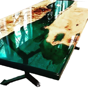 Mesa de Centro de Resina Epoxi con Borde Natural, Hecha a Mano, Madera Natural, Resina Verde, Muebles Modernos Personalizados - Product Image 1