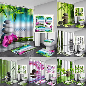 ชุดม่านอาบน้ำแบบเซนพร้อมพรมลายหินไม้ไผ่สำหรับการนั่งสมาธิผ่อนคลายทำจากจิตวิญญาณ4ชิ้น - Product Image 1