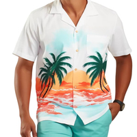Kemeja Hawaii yang Dapat Disesuaikan, Kancing Depan, Motif Tropis, Lengan Pendek, Anti Kusut untuk Pesta Pantai Musim Panas