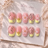 Faux ongles à presser en acrylique PMMA faits main, courbes carrées French 2.0, couvrance totale, 3D dorés, réutilisables, 10 pièces