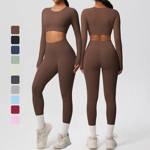 Özel Logo kadınlar egzersiz 2 parça Set uzun kollu yastıklı kırpma üst popo kaldırma tayt Yoga eğitimi spor eşofman - Product Image 1