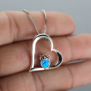 Cute Small <strong>Owl</strong> Blue Opal Necklace Vintage Hollow Heart Pendant Necklace Antique Silver Color Wedding Necklaces for Women <strong>Jewelry</strong> - Product Image 2