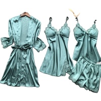 Ensemble de pyjamas en satin de soie personnalisé Ensembles 4 pièces pour femmes Homewear d'été Cami en dentelle Vêtements de nuit avec robe de chambre
