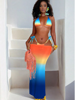 Tenue de carnaval de Trinidad personnalisée pour le lundi, ensemble 3 pièces : bikini string ombré, jupe longue transparente, maillot de bain en nylon imperméable pour le Jouvert, vente en gros