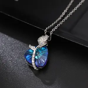 Collar De Flores Stainless Steel Diamond Rose Flower Necklace New Big Blue Crystal Heart Of The Ocean Necklace