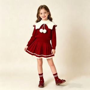 Ensemble deux pièces en tricot pour filles, style universitaire vintage, automne-<span class=keywords><strong>hiver</strong></span>, pull à grand col à pompons et jupe plissée - Product Image 1
