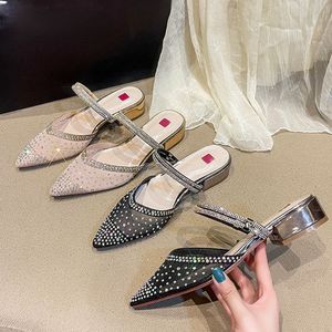 Size 31-43 Low 3CM Block Pointy Toe Sandals RTS Product Mesh Pumps <strong>Champagne</strong> Luxury <strong>Heels</strong> for Woman - Product Image 5