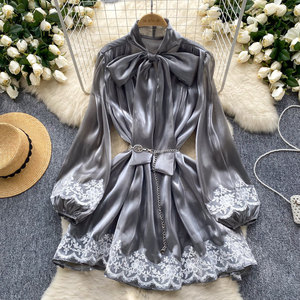 Vestido de Gasa Brillante <span class=keywords><strong>con</strong></span> Mangas Farol <span class=keywords><strong>y</strong></span> <span class=keywords><strong>Encaje</strong></span> para Mujer, Primavera <span class=keywords><strong>y</strong></span> Otoño - Product Image 4