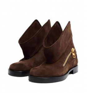 Bottines basses à talons carrés pour femmes, à cheville décontractée, avec fermeture éclair arrière, en daim, bout rond, plates, courtes - Product Image 3