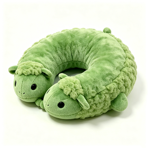 Green <b>Double</b>-Headed Sheep Neck <b>Pillow</b> - Soft Fluffy Plush U-Shaped Travel <b>Pillow</b>, Kids’ Airplane/Car Ride Neck Support - Product Image 1