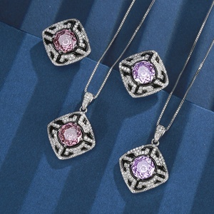 Fashion Eco-friendly Copper Vintage Geometric Pendant Ring Set 10MM Pink Cubic Zirconia Jewelry Set for Feminine Style - Product Image 3