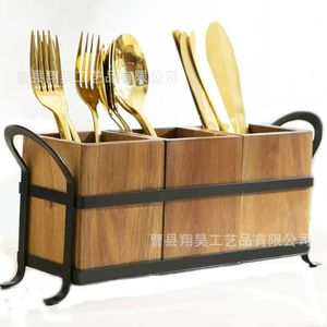 Caja de Almacenamiento de Madera, Porta Cuchillos, Tenedores y Palillos, Combinación de Hierro y Madera, Organizador de Escritorio Multifuncional, Estante de Cocina - Product Image 4