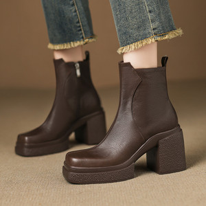 Botas de Moda Retro Europeas Americanas Clásicas con Costuras de Cuero, Simples, de Poner, con Suela de Pastel, Tacón Cuadrado Alto, Cierre de Tobillo - Product Image 4