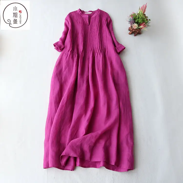 Wholesale Stand-up Collar Solid Color Fashion Cotton Casual Three-quarter Sleeves Summer New 2022 Korean Style Women's Dress