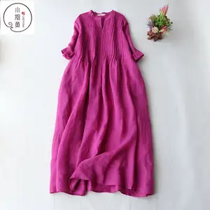 Vestido de algodón con cuello levantado para mujer, moda de Color liso, informal, manga de tres cuartos, verano, estilo coreano, 2022