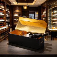 Boîte d'emballage de vin personnalisée, pliable, rigide, avec couvercle rabattable, intérieur doré pour la présentation de bouteilles et l'affichage en magasin