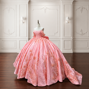 Robe de bal de Quinceañera de luxe Lsmc142 rose corail, longue, avec appliques aux épaules, corset perlé, en satin, motif floral - Product Image 4