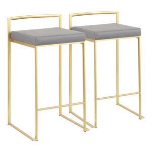 Taburete de Barra de <span class=keywords><strong>Cocina</strong></span> de Lujo Moderno <span class=keywords><strong>con</strong></span> Asiento Acolchado de Cuero PU Gris, <span class=keywords><strong>Respaldo</strong></span> Bajo y Estructura Metálica Cuadrada Dorada - Product Image 6