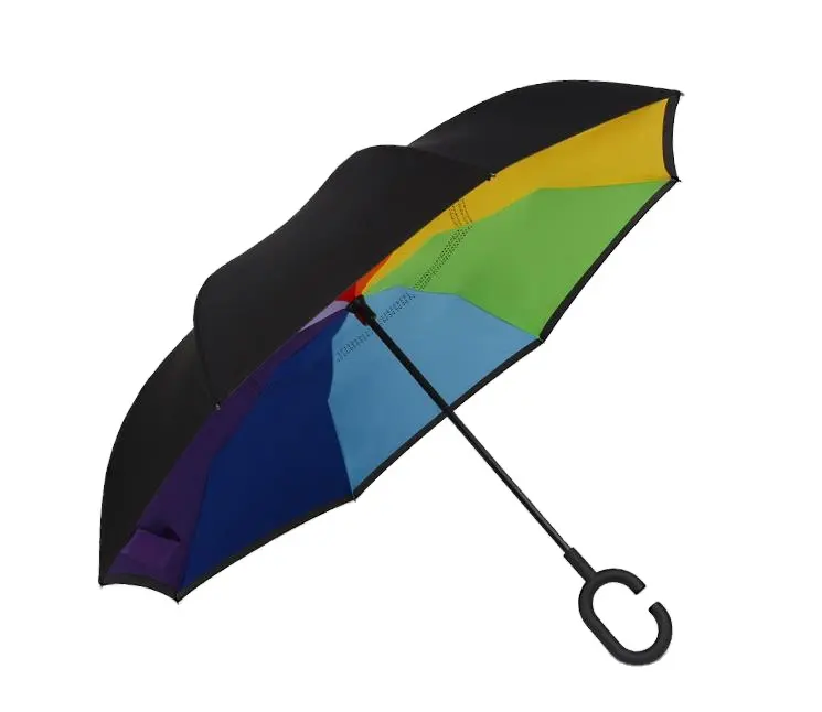 Toptan araba düz ters şemsiye güneş UV C şekilli kolu şemsiye eller serbest çift katmanlı gökkuşağı ters şemsiye