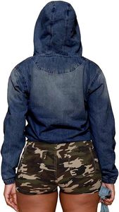 Wholesale Customized Women's <strong>Half</strong> Zipper Hooded Denim <strong>Jacket</strong> Retro Long Sleeved Elastic Cuff Washed Autumn Winter - Product Image 2