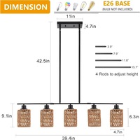 Ventes exclusives transfrontalières : Lustre en fer et rotin noir tressé à la main, forme de branche, avec abat-jour en osier et LED, adapté au montage au plafond