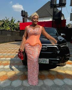 Plus Size African Brown Lace <span class=keywords><strong>Prom</strong></span> Kleider Nigerian ische Hochzeits empfang Party Kleid Aso Ebi Tradition Abendkleid - Product Image 2