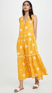 Costura escalonada de increíble calidad y escote en V para veranos margaritas amarillas flores bordado botón cierres frente Maxi vestido - Product Image 3