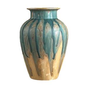 Ribbed Drip-Glaze Ceramic Vase - Artisanal <strong>Teal</strong> &amp; Amber Decorative Vessel for Home - Product Image 5