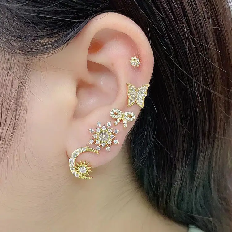 EC1466 New Style CZ Pave Crystal Crescent & Star Earring,Cubic Zirconia Crescent Moon And Star Studs Earring