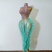 Robe de sirène vert menthe à volants, corsage en maille transparente rose orné de cristaux, robe de scène de showgirl, robe de bal en mousseline de soie longue jusqu'au sol