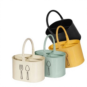 Modern <b>Cutlery</b> <b>Storage</b> Holder with Handle and Dividers in Beige, Mint, Yellow, and Black for Kitchen Use - Product Image 6