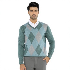 Pull en tricot Argyle pour homme, col en V, manches longues, 100% acrylique, style automne - Product Image 1