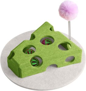 Jouet interactif pour chat en laine écologique, distributeur de friandises durable en feutre en forme de fromage, avec boule sonore et baguette de stimulation - Product Image 2