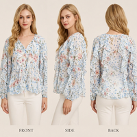 Chemisier Femme Style Doux Imprimé Floral en Mousseline de Soie avec Volants, Boutons, Col Rond, Manches Raglan, Anti-Boulochage, Printemps Automne, ODM