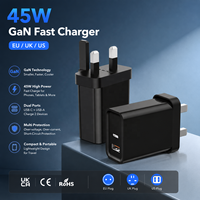 Chargeur rapide GaN 45W ultra-plat pliable UK avec double port USB-C PD et USB-A QC pour iPhone, iPad, Samsung