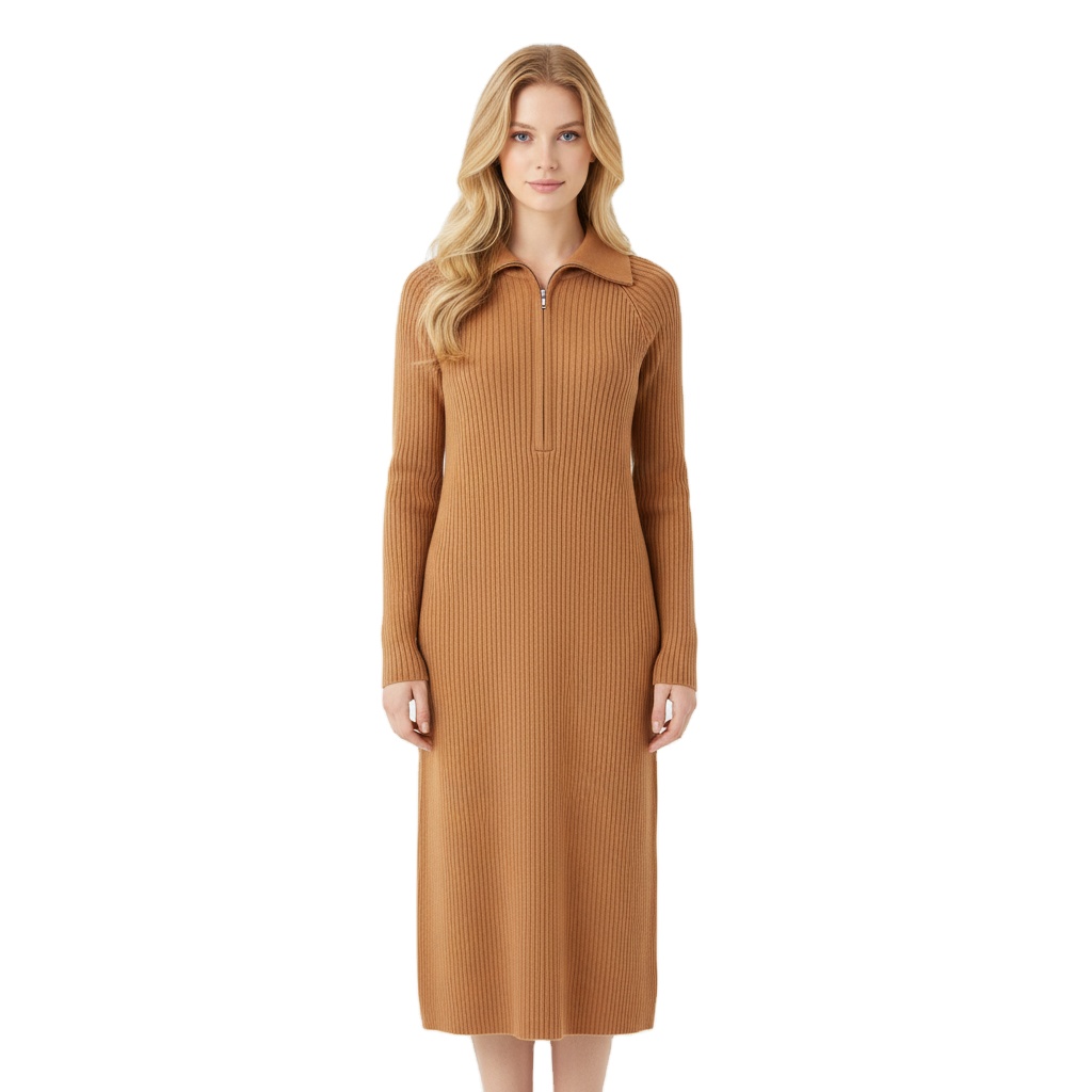 Low Moq Custom Women Knit Sweater Long Sleeve Turn-down Collar Ladies Sweater Rib Raglan Sleeve Half Zipper Women Knit Dress