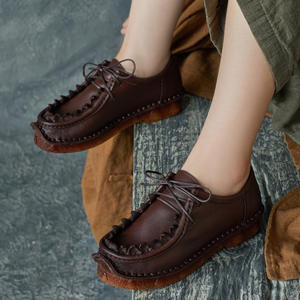 Nouvelles Chaussures Décontractées pour Femmes, Style Ethnique Rétro, en Cuir de Vachette Fait Main, à Semelle Souple, à Lacets, Bouche Profonde, Modèle Paresseux - Product Image 1