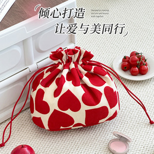 Beilian Drawstring Makeup Bag Large Capacity Portable Cosmetic Storage Bag Round Shape Cotton Fabric Travel Toiletry Bag - Product Image 1